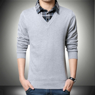 2025新款毛衣衬衫领假两件线衣长袖男装打底针织衫薄款人夫感外套