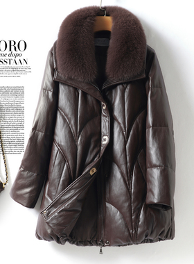 海宁皮衣女中长款狐狸毛领韩版加厚皮外套冬季90白鸭绒绵羊皮羽绒