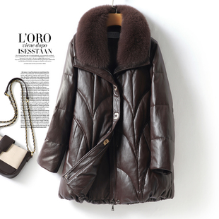 海宁皮衣女中长款狐狸毛领韩版加厚皮外套冬季90白鸭绒绵羊皮羽绒