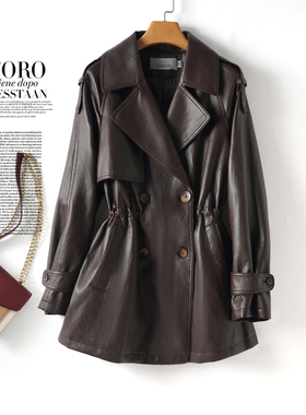 真皮衣外套女中长款收腰双排扣海宁绵羊皮新款春秋高级感英伦风衣