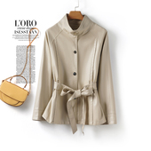 皮衣女真皮外套中长款 米白系带收腰气质皮夹克2026春秋海宁绵羊皮