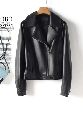机车皮夹克女外套短款黑色修身显瘦时尚小个子绵羊皮2025新款皮衣