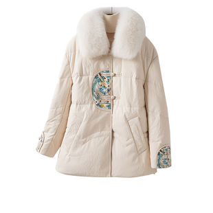 海宁皮衣女常规狐狸毛领新中式 盘扣90白鸭绒真皮外套绵羊皮羽绒