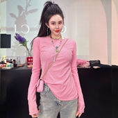 新款 显瘦薄款 时尚 春季 圆领长袖 t恤女士修身 百搭纯色上衣打底衫 INS