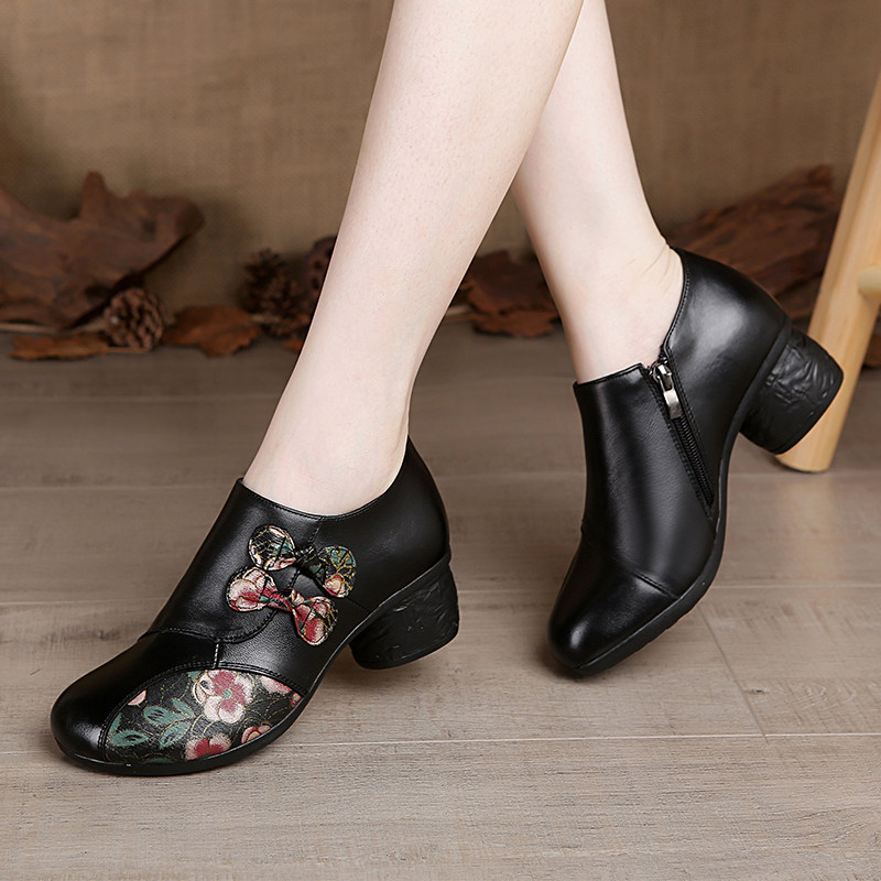 春秋复古民族风粗跟 单鞋 女深口防滑广场舞鞋粗跟女式休闲软皮鞋,女鞋,深口单鞋,淘宝优惠券,粉丝福利购,淘宝优惠卷