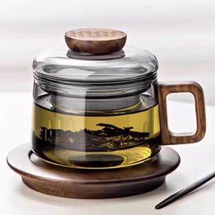 迷你墩墩杯玻璃泡茶杯办公室小容量喝水杯家用木把茶水分离花茶杯