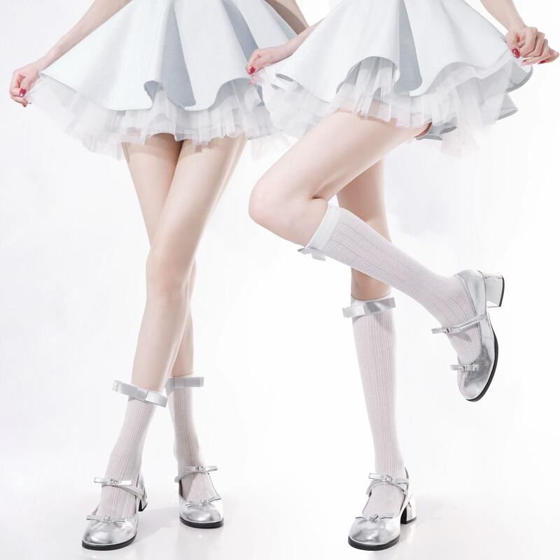 芭蕾风棉袜透气春夏白色甜美少女条纹堆堆袜配玛丽珍蝴蝶结JK短袜
