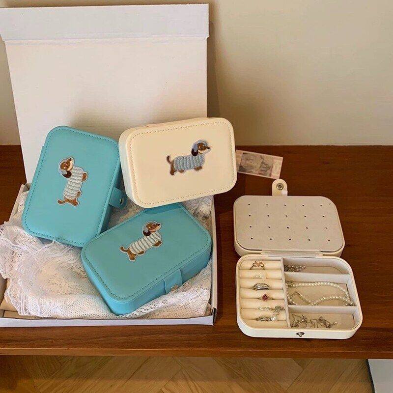 腊肠狗卡通ins风可爱刺绣大容量耳环项链饰品收纳盒首饰收纳盒