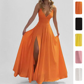 新款 女装 时尚 2026春季 纯色吊带性感修身 开叉木耳边连衣裙