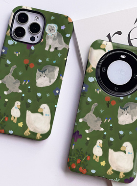 巷午 油画绿色花朵猫咪苹果15小米14u三星s24红米k70华为mate60/vivos18荣耀100菲林手机壳opporeno11p可爱