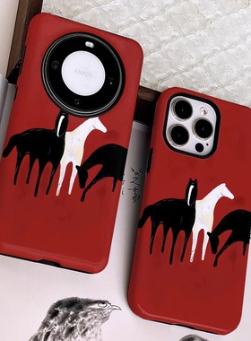巷午 复古红色马儿苹果15pm小米14u红米k70华为mate60荣耀90艺术vivos18二合一菲林手机壳oppofindx7u三星s24