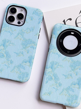 巷午 蓝色荷叶夏天苹果15pm华为mate60pura70nova11荣耀90p/vivox100菲林手机壳opporeno11三星s24u一加ace3v