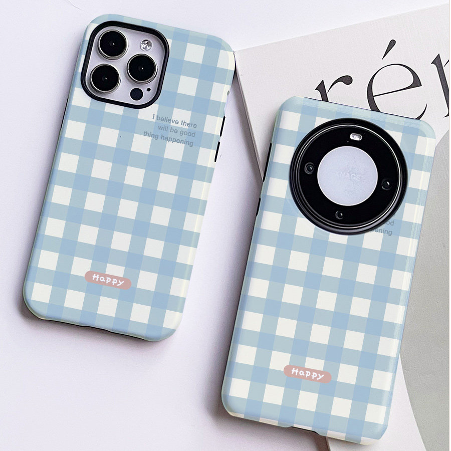 巷午 简约蓝色格纹苹果15红米note13华为mate60p70荣耀90vivox100二合一菲林手机壳opporeno11三星s24u小清新