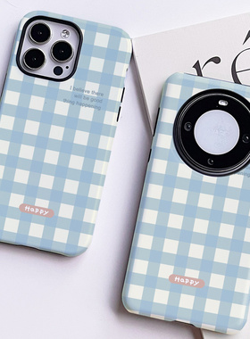 巷午 简约蓝色格纹苹果15红米note13华为mate60p70荣耀90vivox100二合一菲林手机壳opporeno11三星s24u小清新