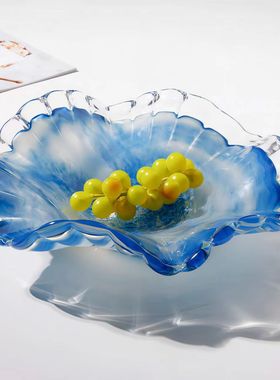 欧式蓝色琉璃花瓶果盘家居客厅样板间茶几酒店高级软装摆件花瓶