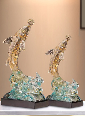 新中式鱼跃龙门金箔水晶龙鱼摆件工艺客厅办公室摆件乔迁开业礼物