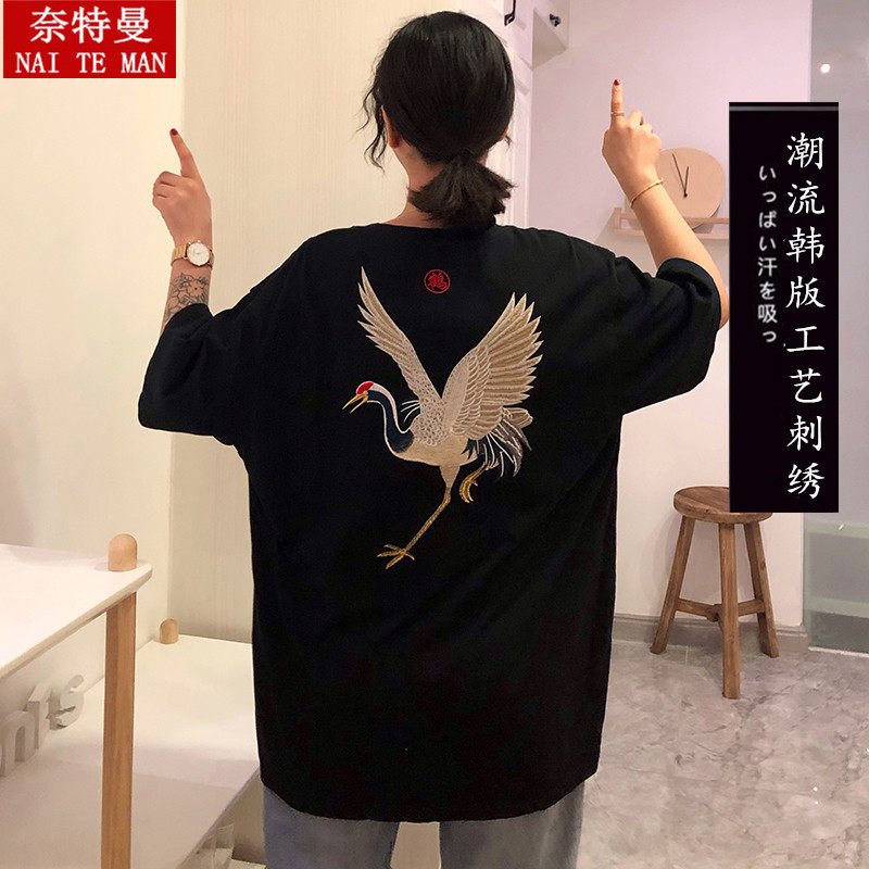 囯潮复古绣花纯棉情侣T恤中长款