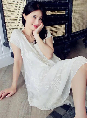 刘美人刘钰懿睡衣短袖真丝乔其绣花睡裙长裙连衣裙宽松仙女家居服