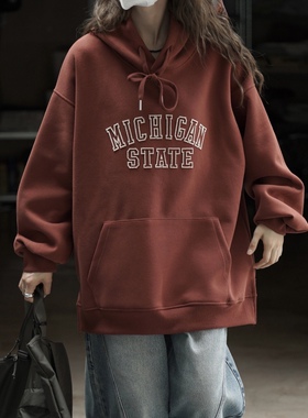 美式复古重磅字母印花连帽卫衣女秋冬新款宽松慵懒风oversize上衣