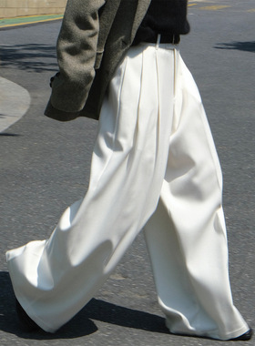 秋冬新款高腰休闲裤日系慵懒风女士阔腿宽松显瘦高级白色西装长裤