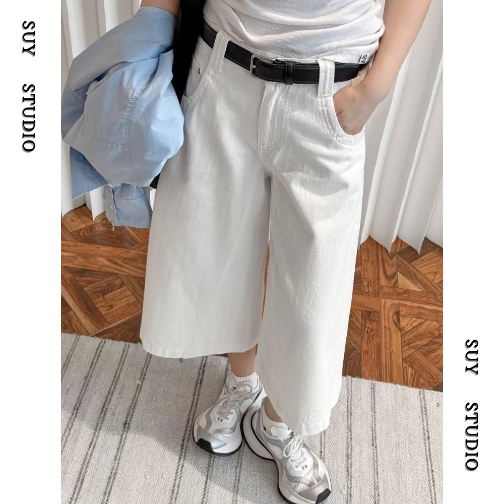 复古美式街头中性Boyish风白色牛仔七分裤高腰阔腿廓形休闲中裤女