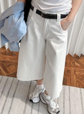 复古美式街头中性Boyish风白色牛仔七分裤高腰阔腿廓形休闲中裤女