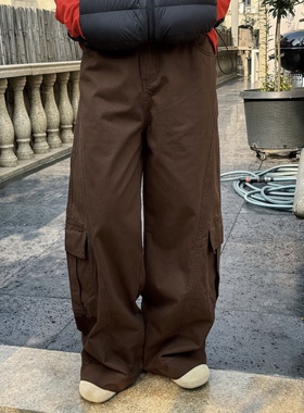 日系中性复古工装风大口袋弯刀裤军绿色女宽松阔腿长裤显瘦休闲裤