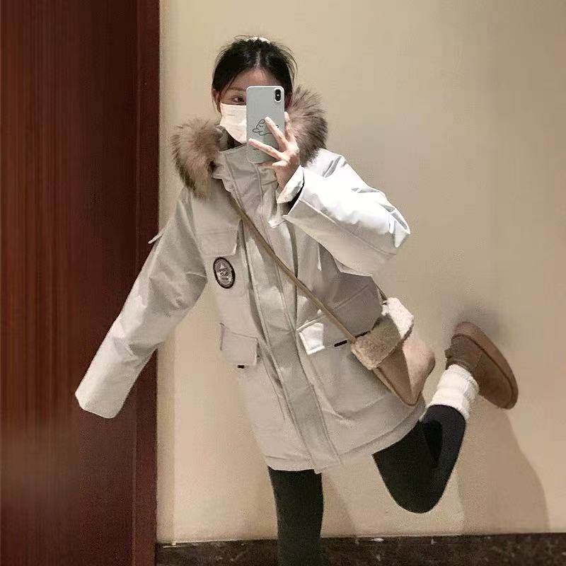 冬季新款加厚保暖羽绒棉服女小个子大毛领派克服宽松工装棉衣外套