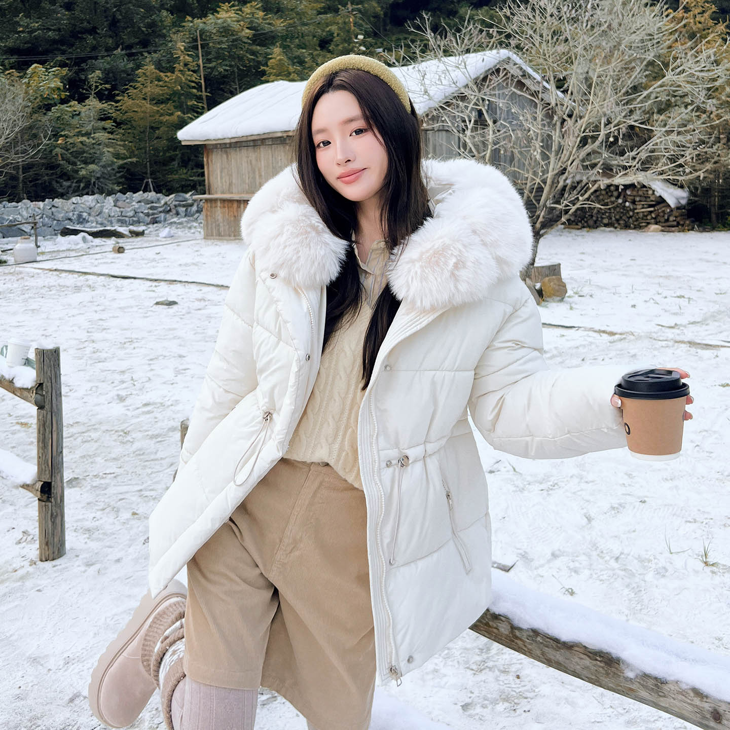 大毛领收腰羽绒棉服女冬季新款小个子加厚保暖收腰中长款棉衣外套