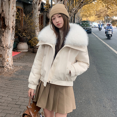 鹿皮绒短款大毛领羽绒棉服女2025冬季新款加厚保暖时尚棉衣外套潮