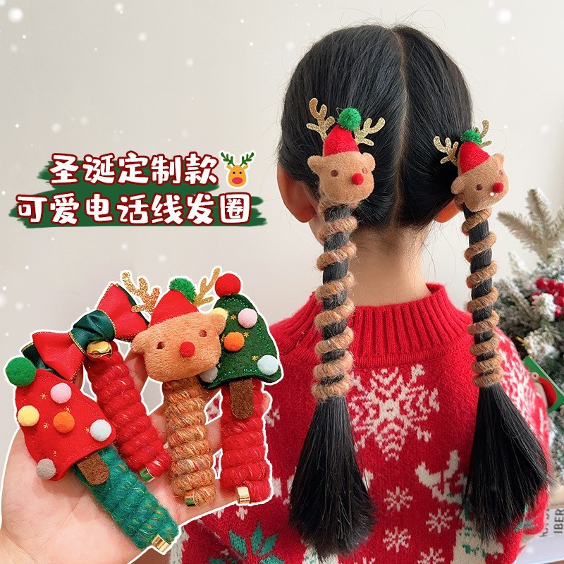 圣诞头饰儿童卷卷电话线发圈女童双马尾头绳发饰女孩节庆麋麓发绳