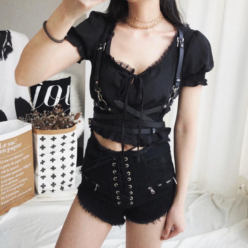欧美交叉绑带包臀显瘦高腰牛仔超短裤女夏侧边开叉毛边双拉链热裤