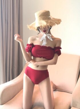 王柳雯同款复古bikini一字肩长