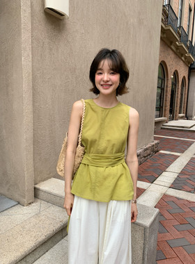 MOOTEA抹茶家韩版女圆领全棉气质通勤百搭飘带无袖背心上衣小衫
