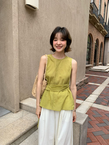 MOOTEA抹茶家韩版女圆领全棉气质通勤百搭飘带无袖背心上衣小衫
