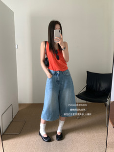 西柚Pomelo夏季慵懒阔腿七分裤小个子百搭休闲宽松清爽感牛仔裤