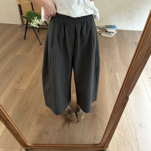 韩系简约灰色休闲裤女2026春高腰显瘦松紧腰通勤阔腿八分裤