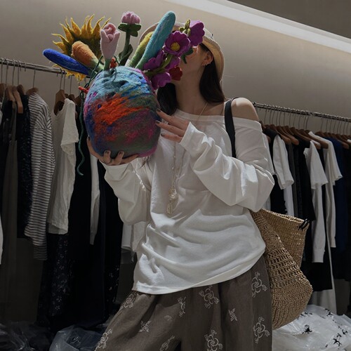 2026夏季新款韩版轻奢设计感斜肩拼接褶皱长袖T恤女防晒衫上衣