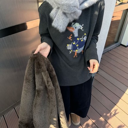 2025冬季新品韩版宽松显瘦百搭休闲慵懒感长绒棉加厚款长袖T恤女