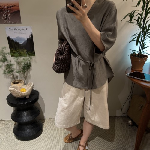 欧洲站2026秋季新100醋酸慵懒风后背抽绳宽松显瘦短袖T恤女设计感