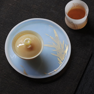 漱繁 王沁 金箔玻璃壶承 手绘松竹梅乳浊白玻璃茶盘 盘子茶具