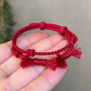 藏式手搓棉线本命年红手绳手工编织红色流苏手链可穿通孔黄金饰品