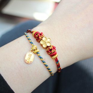 红绳手链手串双层手工编织桃花手绳可穿珠硬金送女友闺蜜礼物