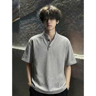 设计感高街短袖 美式 夏季 T恤男女款 宽松百搭重磅上衣 亨利领polo衫