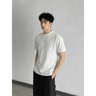 短袖 新款 t恤男休闲宽松百搭小众设计感上衣 夏季 立体压褶铆钉美式