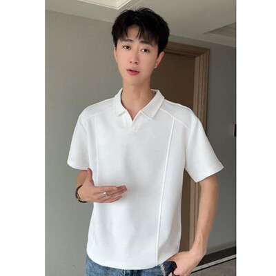 美式cleanf结构拼接翻领polo衫男款夏季高级感boxy重磅短袖V领t恤