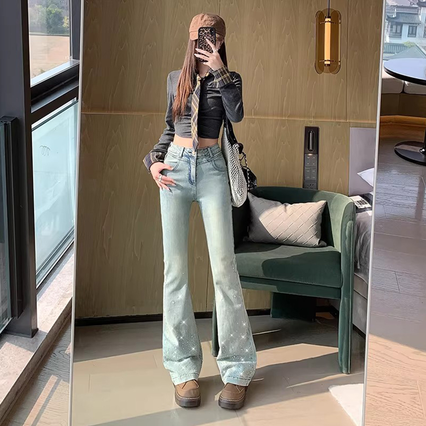 美式重工烫钻微喇牛仔裤女2026新款大码胖mm弹力显瘦不贴腿喇叭裤,女装/女士精品,牛仔裤,淘宝优惠券,粉丝福利购,淘宝优惠卷