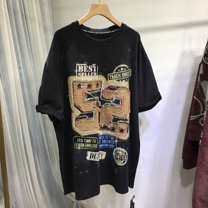 欧货重工烫钻T恤女经典数字圆领短袖上衣宽松大板中长款黑色秋冬