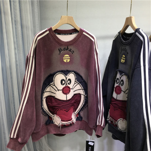 欧货重工亮片卫衣女加绒加厚可爱叮当猫短款宽松大版上衣秋冬百搭