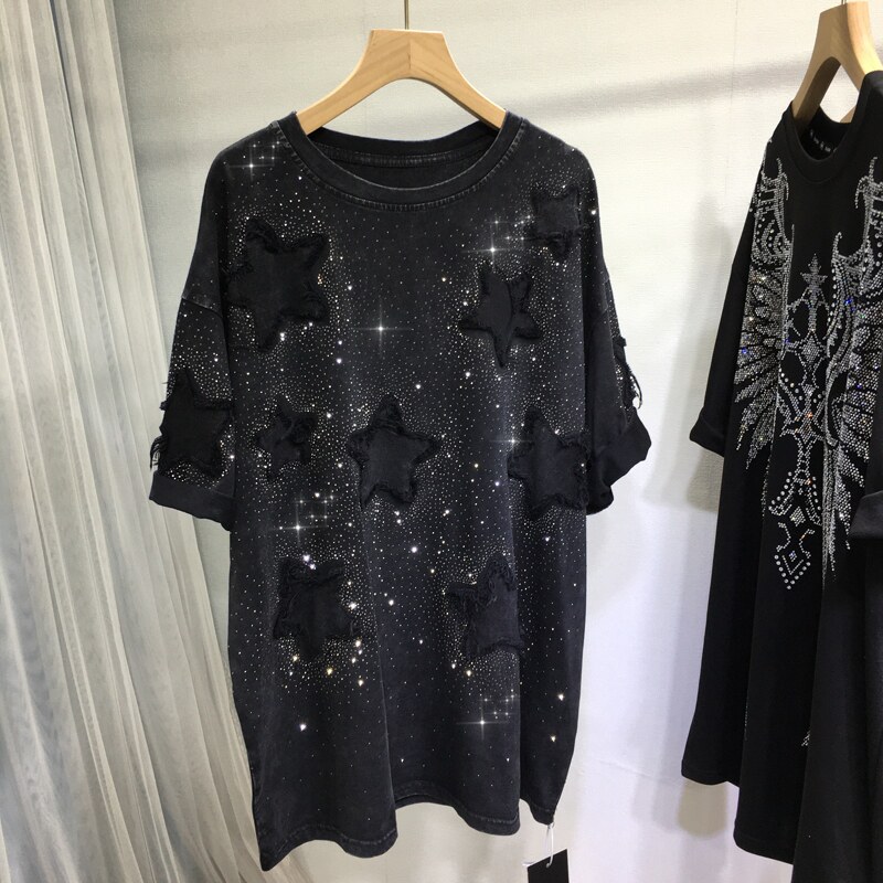 欧货重工烫钻T恤女轻奢五角星贴布黑色做旧圆领中长款显瘦大版夏